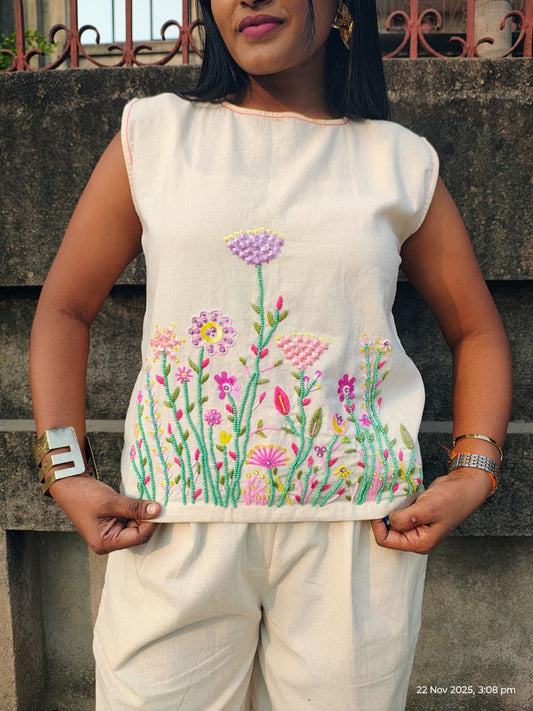 Hand-Embroidered Floral Beige Sleeveless Cord Set – “AAKSSH Bloom Set”