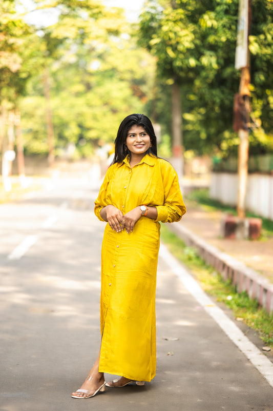 Sunlit Mustard Shirt Dress – VISCOSE DOLA SILK Dress | AAKSSH
