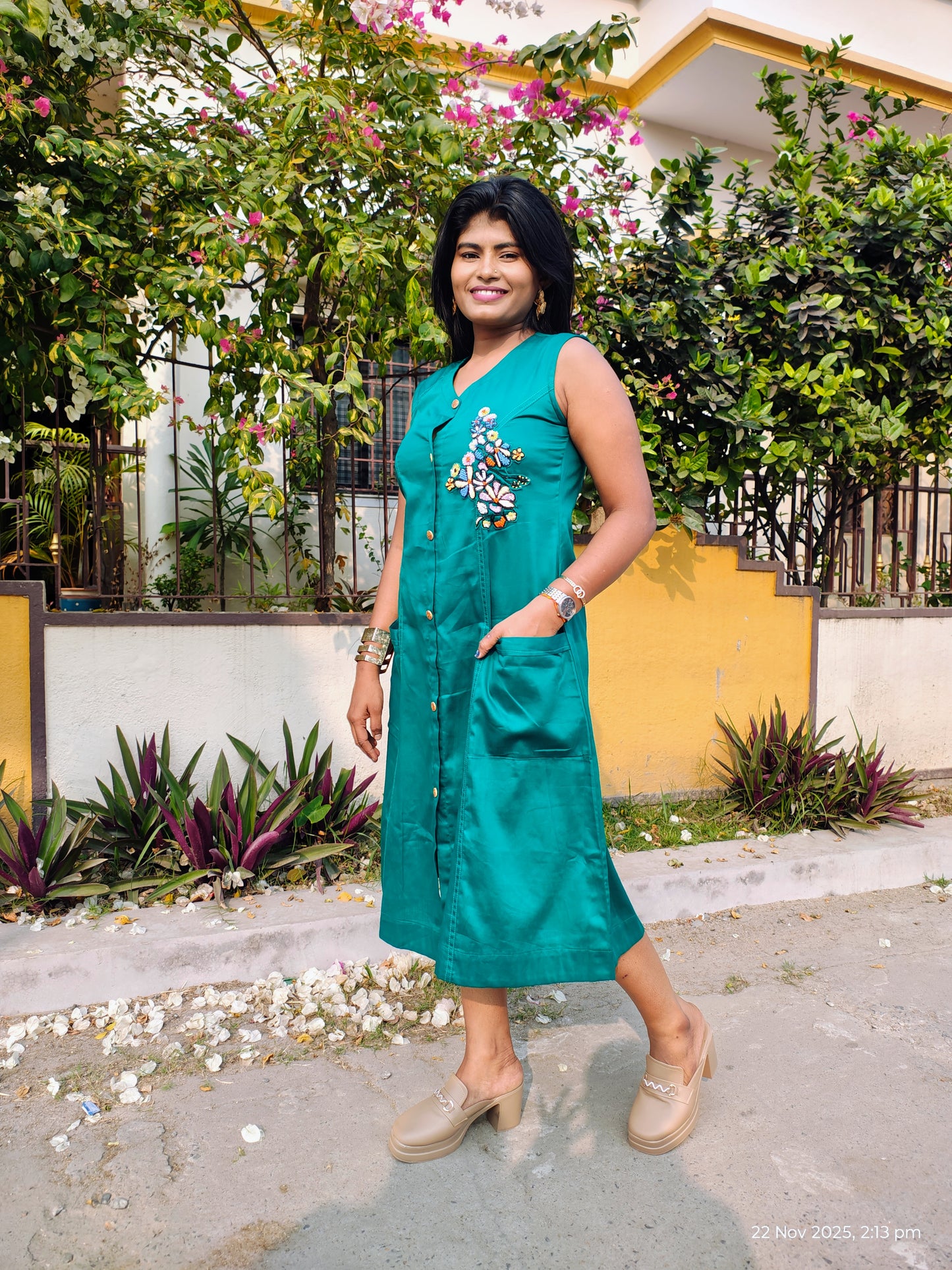 Floral Handwork Button-Down Midi Dress