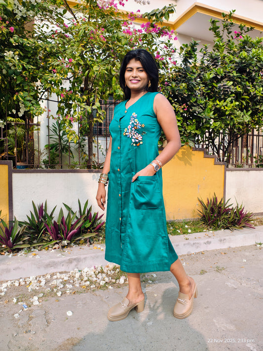 Floral Handwork Button-Down Midi Dress