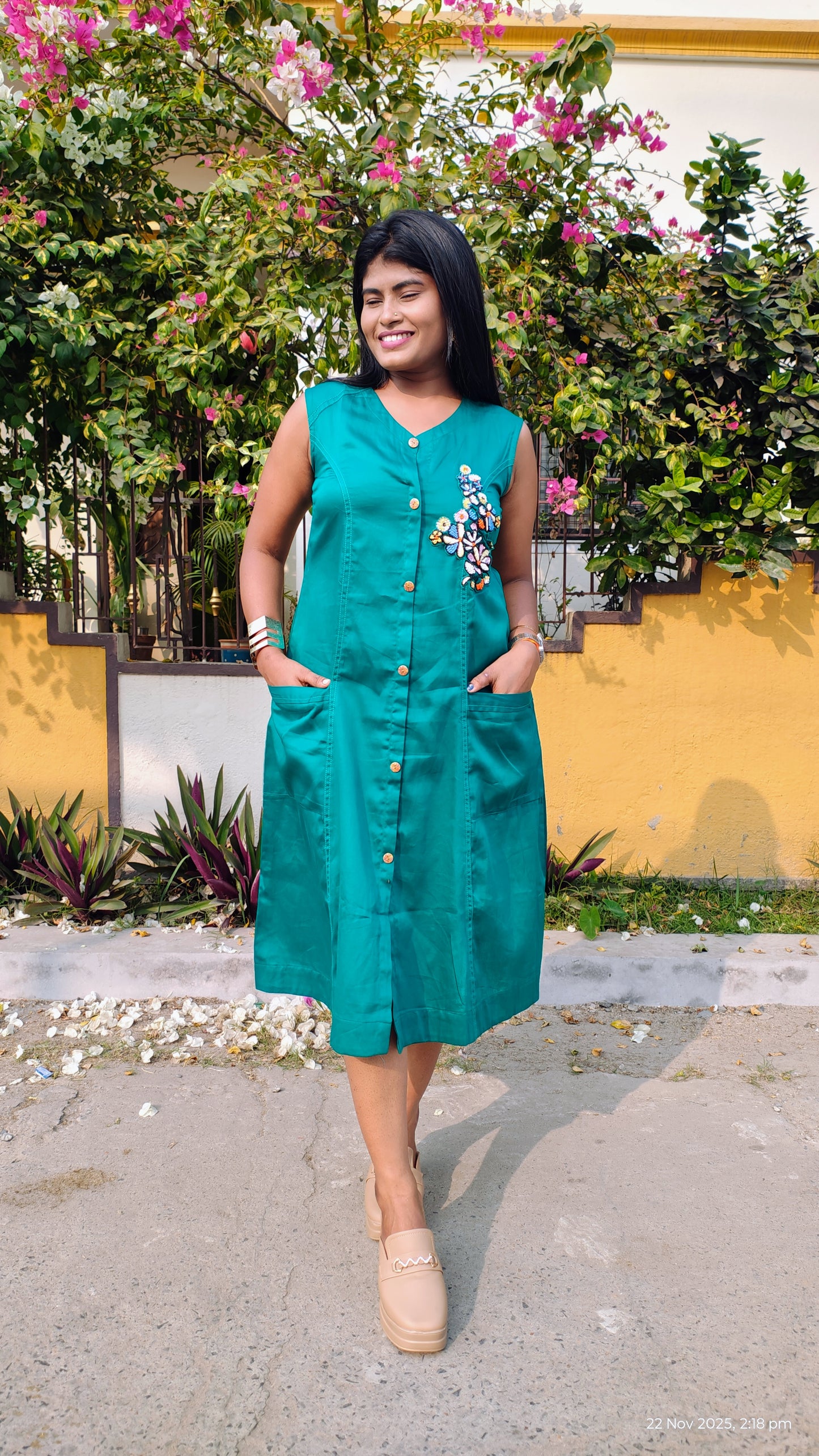 Floral Handwork Button-Down Midi Dress