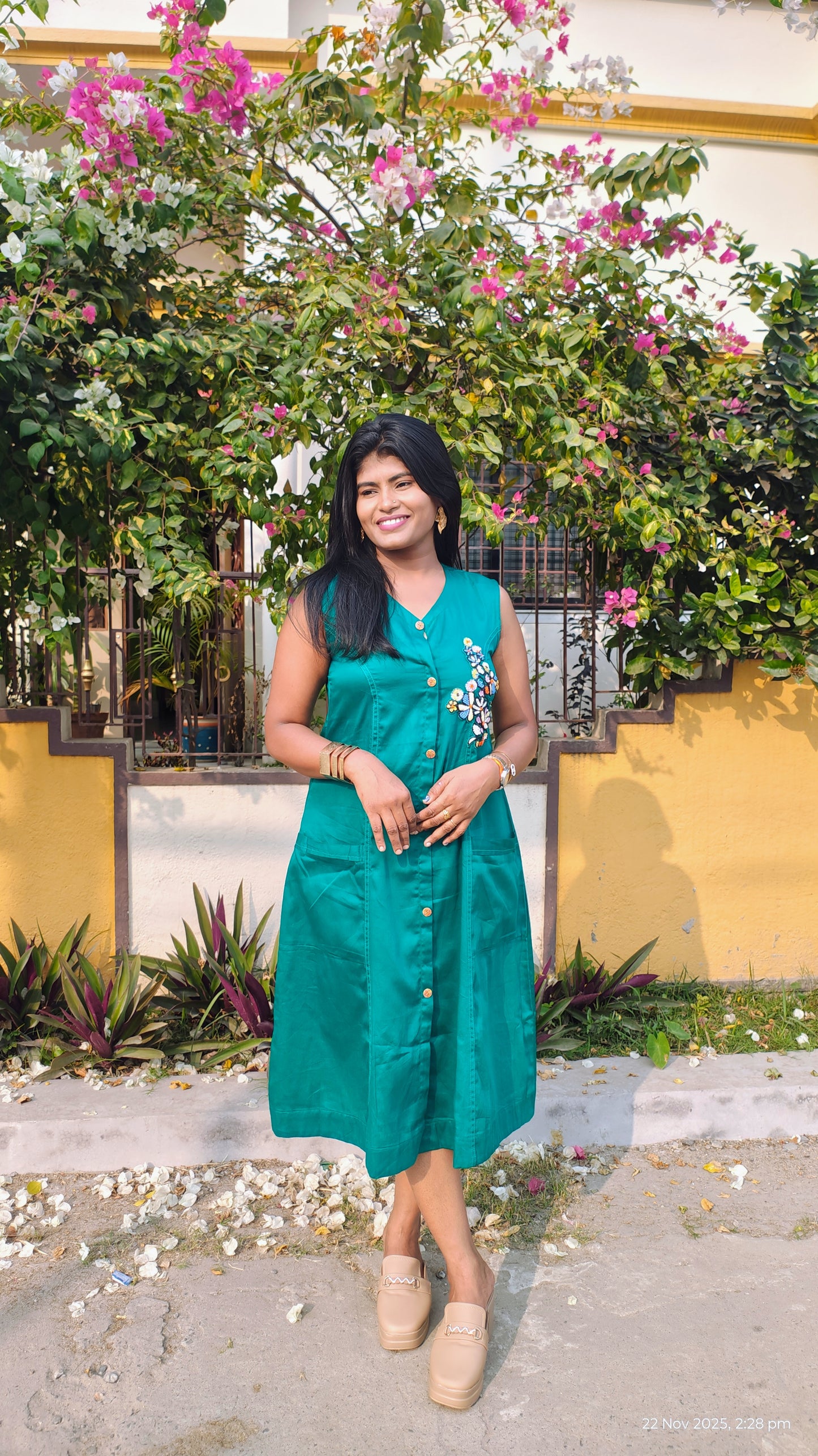 Floral Handwork Button-Down Midi Dress