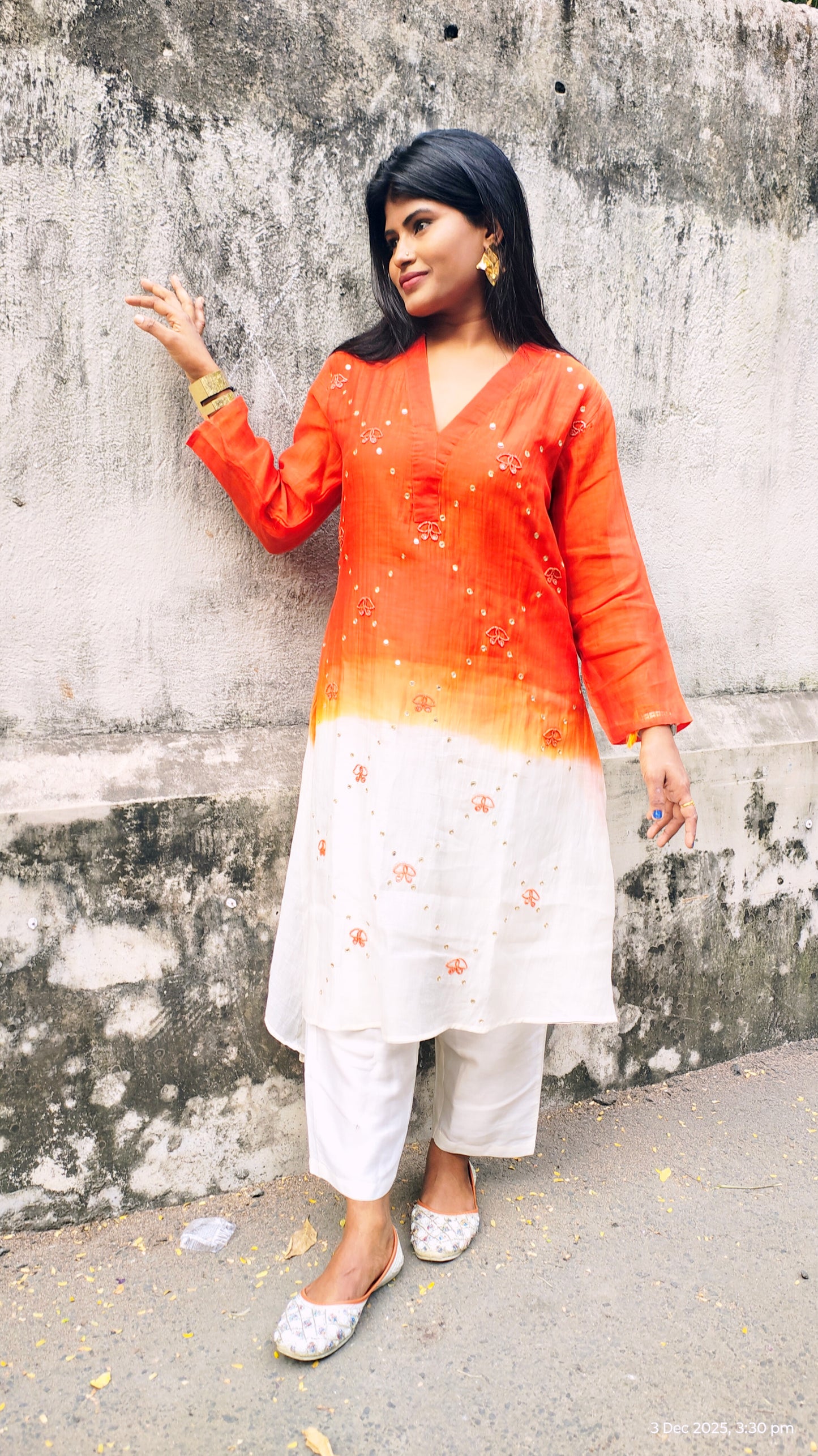 Orange & White Ombre Embroidered Cotton Kurti Set