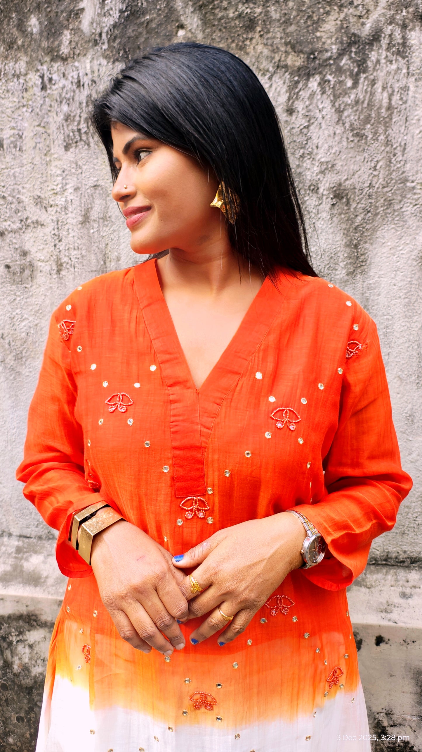 Orange & White Ombre Embroidered Cotton Kurti Set