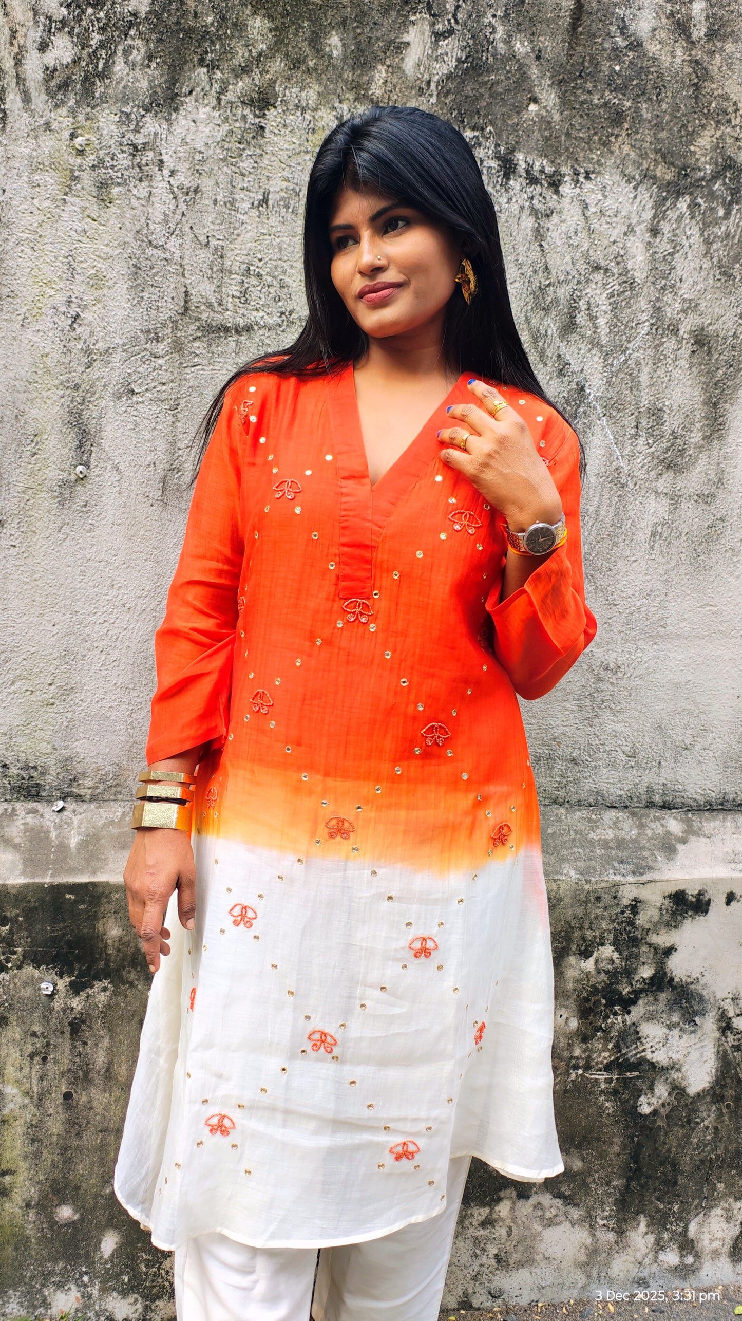 Orange & White Ombre Embroidered Cotton Kurti Set