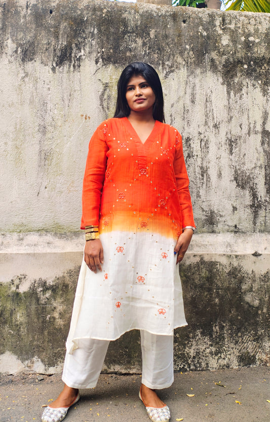 Orange & White Ombre Embroidered Cotton Kurti Set