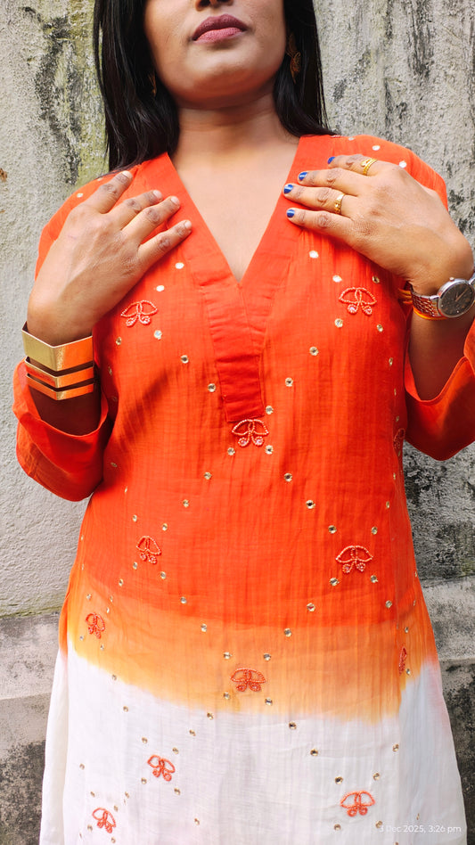 Orange & White Ombre Embroidered Cotton Kurti Set