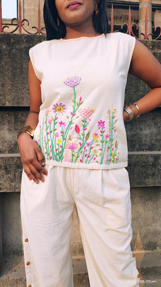 Hand-Embroidered Floral Beige Sleeveless Cord Set – “AAKSSH Bloom Set”