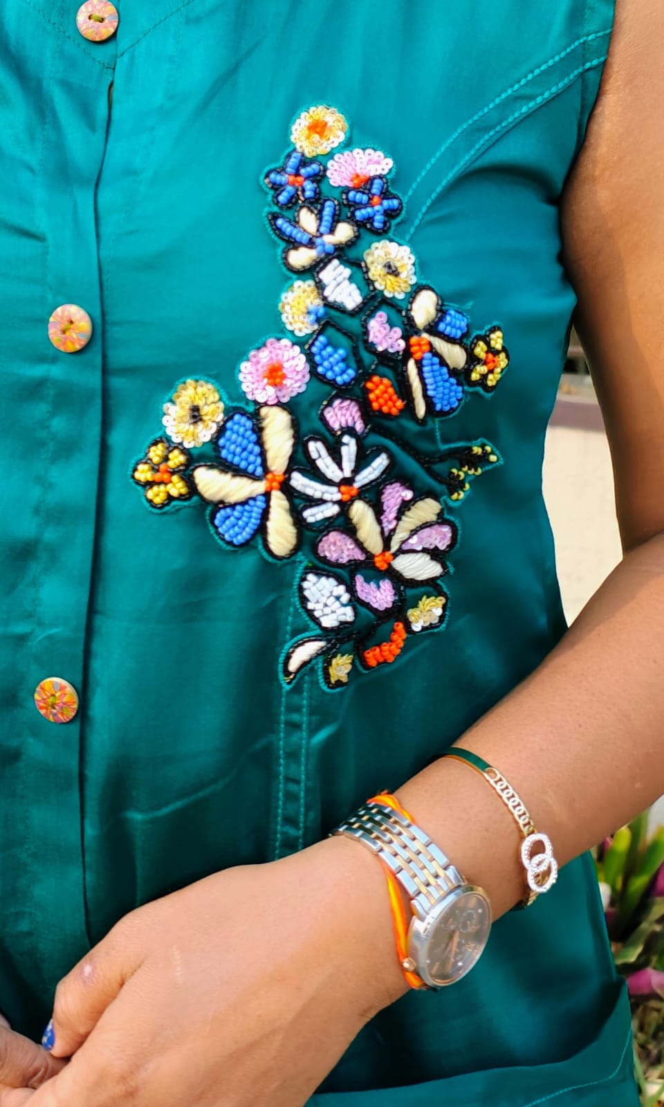 Floral Handwork Button-Down Midi Dress