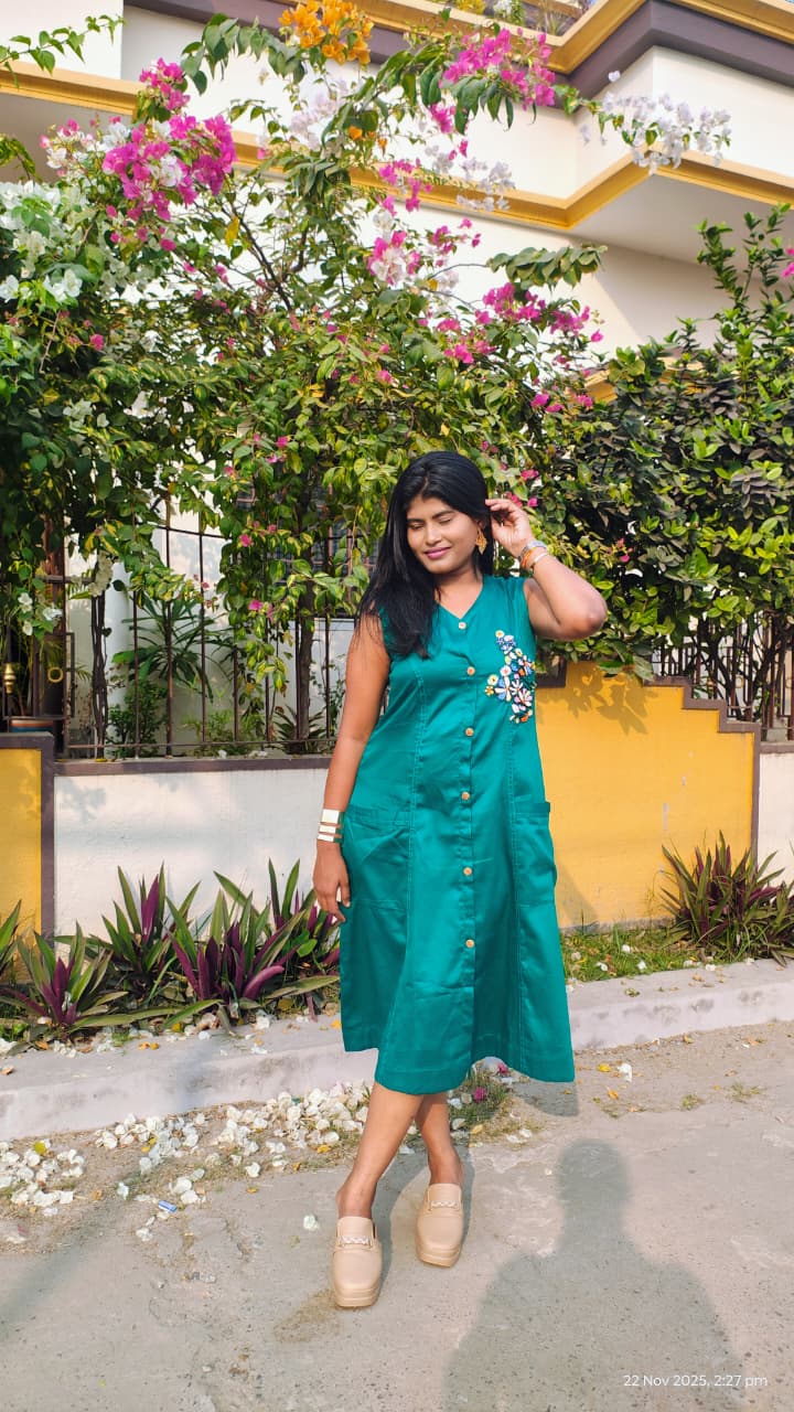 Floral Handwork Button-Down Midi Dress