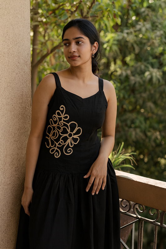 Black Handcrafted Floral Appliqué Midi Dress