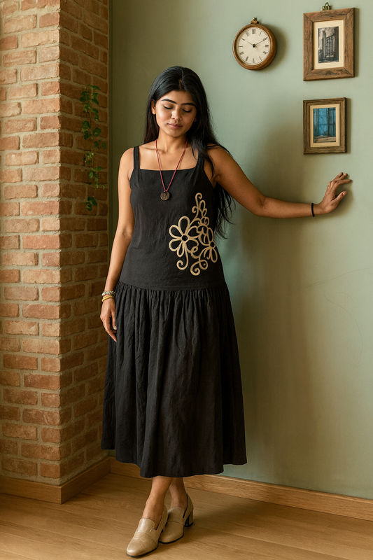 Black Handcrafted Floral Appliqué Midi Dress